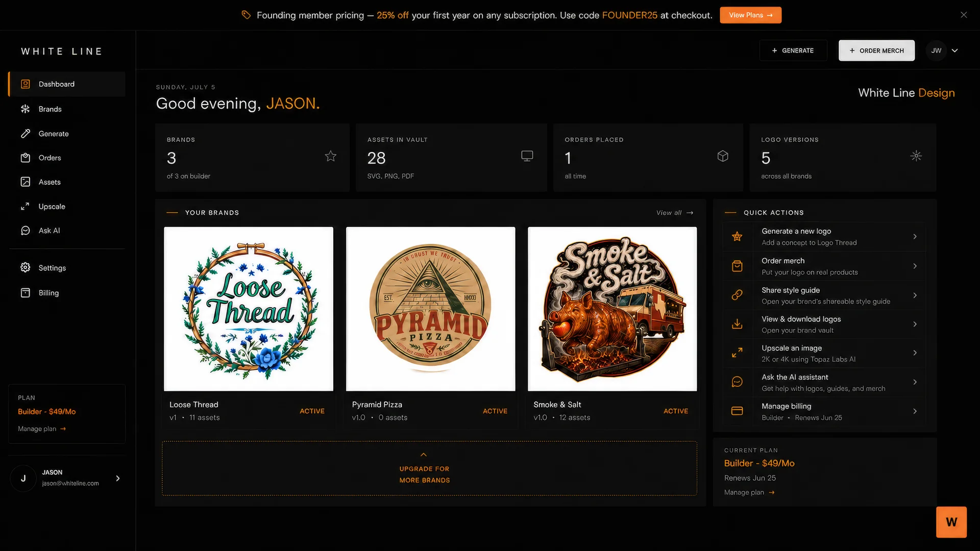 White Line app dashboard showing the Loose Thread, Pyramid Pizza, and Smoke & Salt brands, Vault stats, and quick actions
