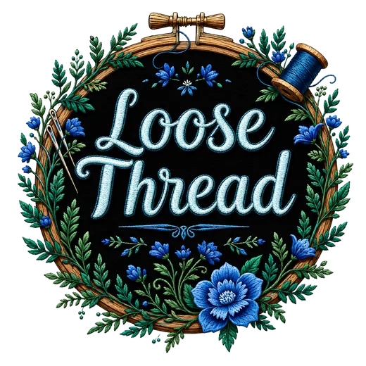 Loose Thread logo — embroidered lettering inside a hoop wreathed in blue florals
