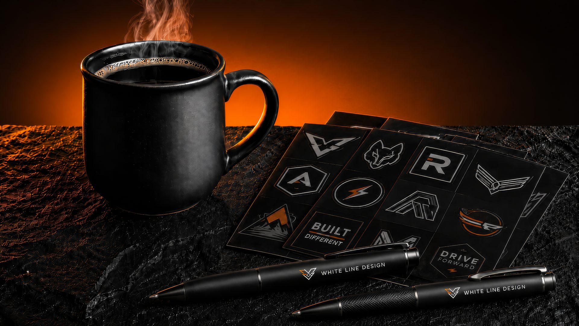 Black coffee mug, branded sticker sheets, and White Line Design pens on a dark table